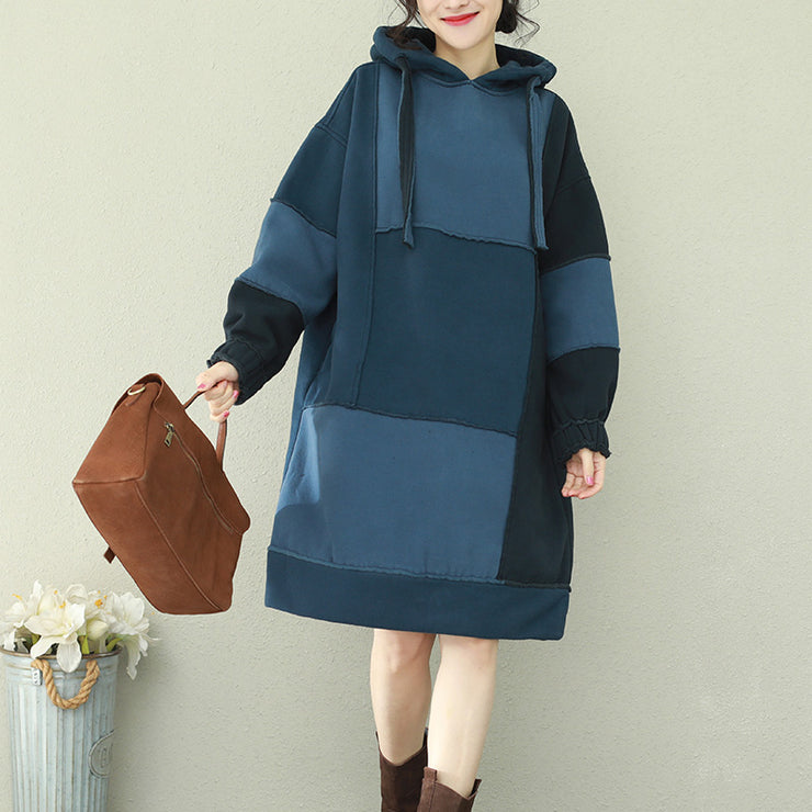 Natural patchwork hooded Cotton quilting dresses 2024 blue Midi Dress