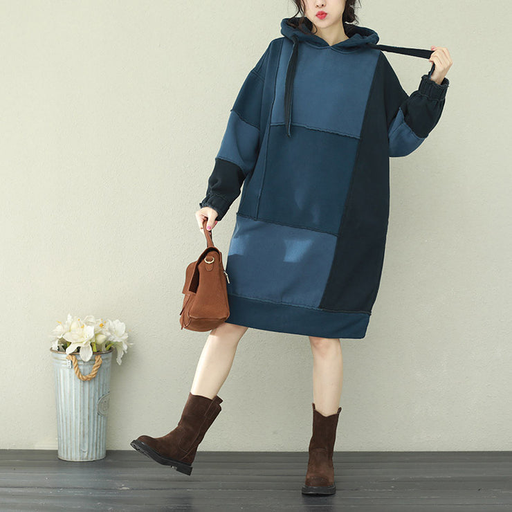 Natural patchwork hooded Cotton quilting dresses 2024 blue Midi Dress