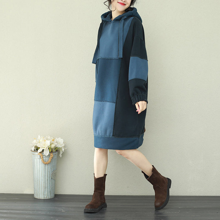 Natural patchwork hooded Cotton quilting dresses 2024 blue Midi Dress