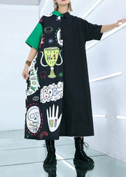 Natural prints cotton clothes Sewing black patchwork long Dress summer - SooLinen