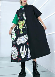 Natural prints cotton clothes Sewing black patchwork long Dress summer - SooLinen