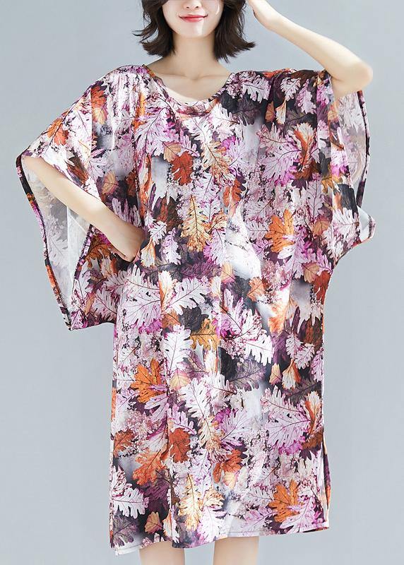 Natural purple print Cotton clothes Women o neck A Line summer Dresses - SooLinen