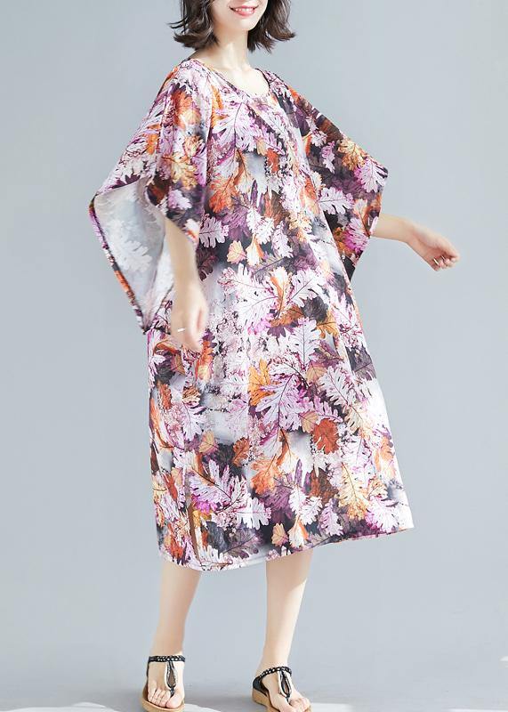 Natural purple print Cotton clothes Women o neck A Line summer Dresses - SooLinen