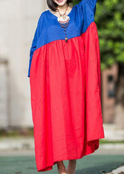 Natural red blue linen Robes patchwork o neck Plus Size summer Dresses - SooLinen