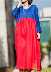 Natural red blue linen Robes patchwork o neck Plus Size summer Dresses - SooLinen