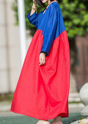 Natural red blue linen Robes patchwork o neck Plus Size summer Dresses - SooLinen