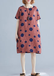 Natural red dotted Cotton dress o neck pockets shift Dres - SooLinen