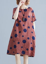 Natural red dotted Cotton dress o neck pockets shift Dres - SooLinen