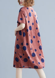 Natural red dotted Cotton dress o neck pockets shift Dres - SooLinen