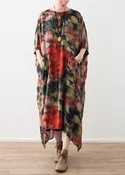 Natural red floral silk Robes 2024 Shirts o neck long summer Dresses