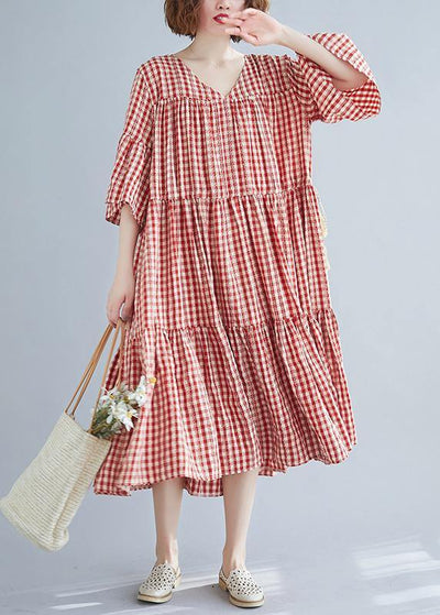 Natural red plaid cotton Long Shirts v neck Cinched Robe summer Dresses - SooLinen