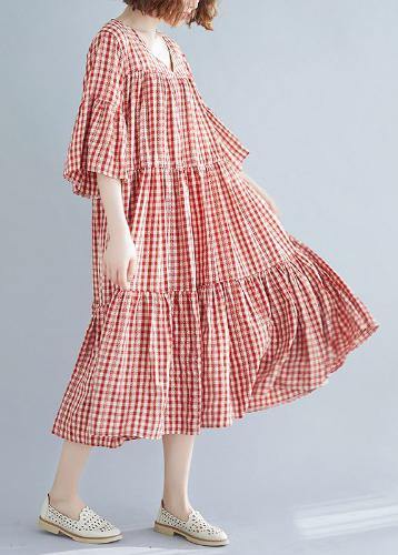 Natural red plaid cotton Long Shirts v neck Cinched Robe summer Dresses - SooLinen