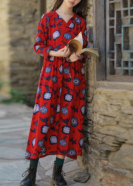 Natural red print cotton Soft Surroundings v neck drawstring Love summer Dresses - SooLinen