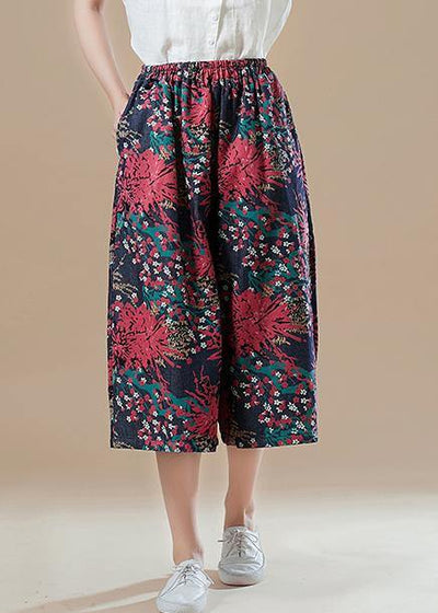 Natural red print cotton for women Fitted Catwalk Robe elastic waist wide leg pants - SooLinen