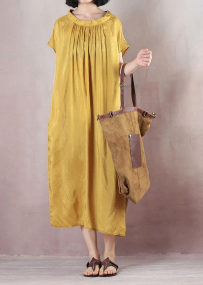 Natural short sleeve cotton summer clothes Runway yellow Plus Size Dresses - SooLinen