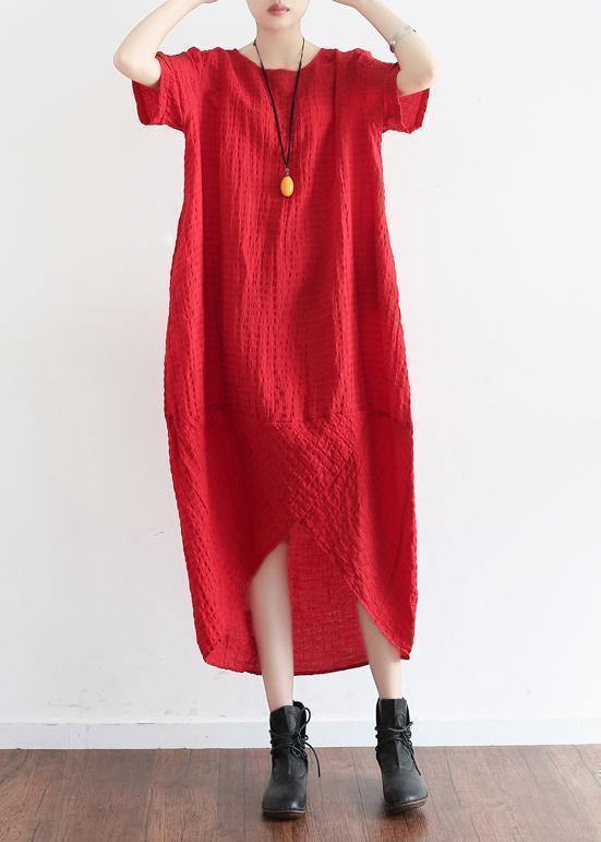 Natural short sleeve linen clothes Tutorials red plaid Dress summer - SooLinen