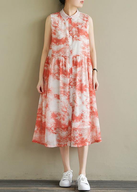 Natural sleeveless Cinched chiffon Women Casual Sewing red print Robe Dress Summer - SooLinen