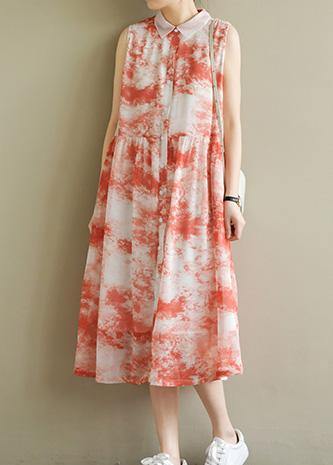 Natural sleeveless Cinched chiffon Women Casual Sewing red print Robe Dress Summer - SooLinen