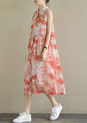 Natural sleeveless Cinched chiffon Women Casual Sewing red print Robe Dress Summer - SooLinen