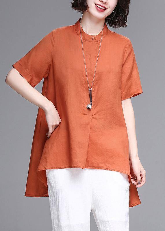 Natural stand collar asymmetric linen cotton box top orange box shirts summer - SooLinen