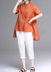 Natural stand collar asymmetric linen cotton box top orange box shirts summer - SooLinen