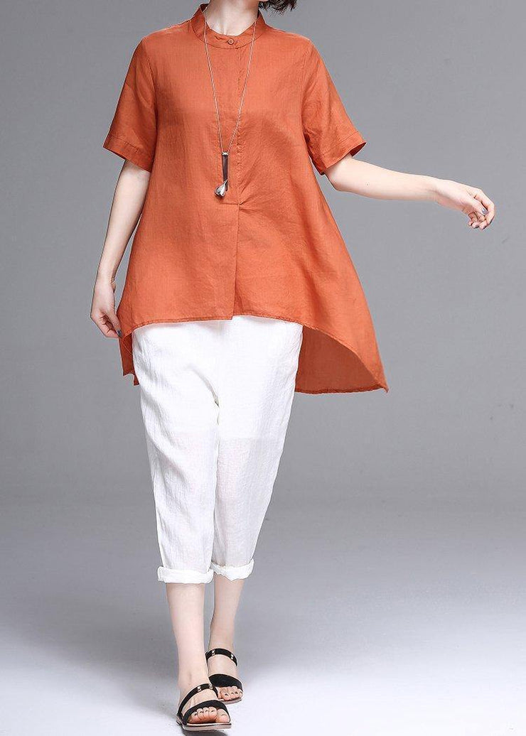 Natural stand collar asymmetric linen cotton box top orange box shirts summer - SooLinen