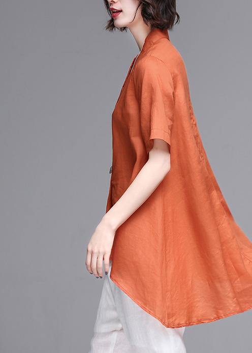 Natural stand collar asymmetric linen cotton box top orange box shirts summer - SooLinen