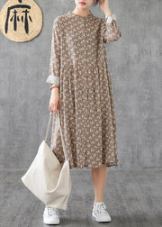 Natural stand collar patchwork cotton linen dresses Sleeve khaki print Dress - SooLinen