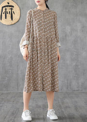 Natural stand collar patchwork cotton linen dresses Sleeve khaki print Dress - SooLinen