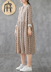 Natural stand collar patchwork cotton linen dresses Sleeve khaki print Dress - SooLinen