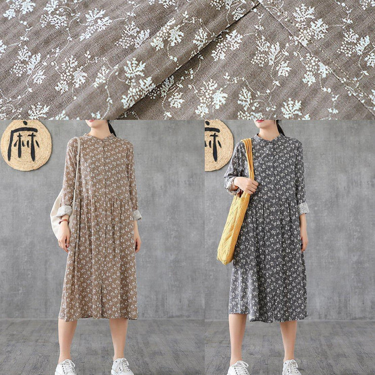 Natural stand collar patchwork cotton linen dresses Sleeve khaki print Dress - SooLinen