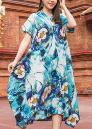 Natural v neck asymmetric cotton quilting Outfits light blue print Maxi Dress summer - SooLinen