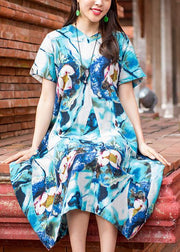 Natural v neck asymmetric cotton quilting Outfits light blue print Maxi Dress summer - SooLinen