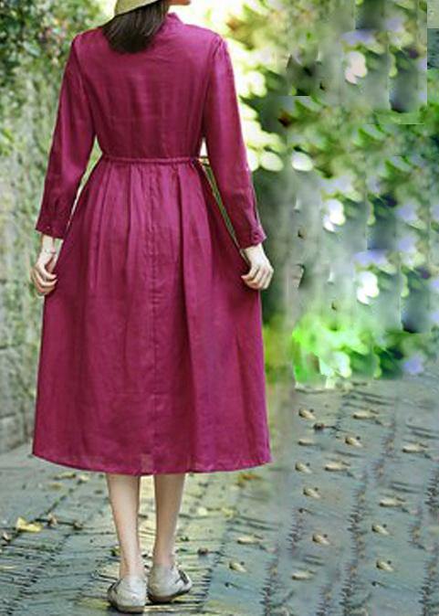 Natural v neck drawstring spring clothes Women Catwalk burgundy Dresses - SooLinen