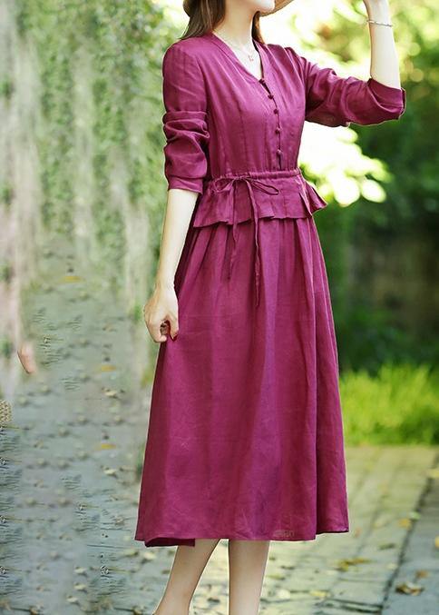 Natural v neck drawstring spring clothes Women Catwalk burgundy Dresses - SooLinen