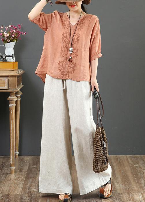 Natural v neck embroidery linen clothes For Women Sleeve orange blouses - SooLinen