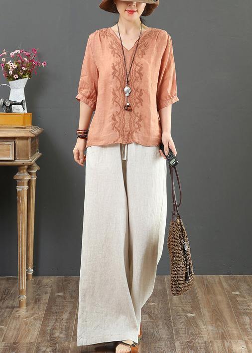 Natural v neck embroidery linen clothes For Women Sleeve orange blouses - SooLinen