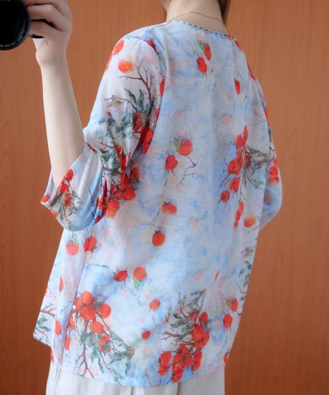 Natural v neck half sleeve summer clothes For Women Outfits red print blouse - SooLinen