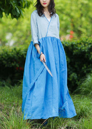 Natural v neck patchwork linen summer Long Shirts pattern blue Dresses - SooLinen