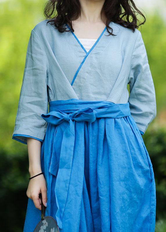 Natural v neck patchwork linen summer Long Shirts pattern blue Dresses - SooLinen