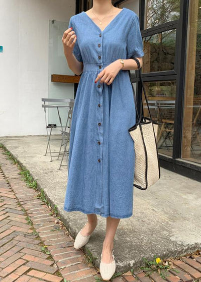 Natural v neck Cinched clothes Sewing blue Robe Dress - SooLinen