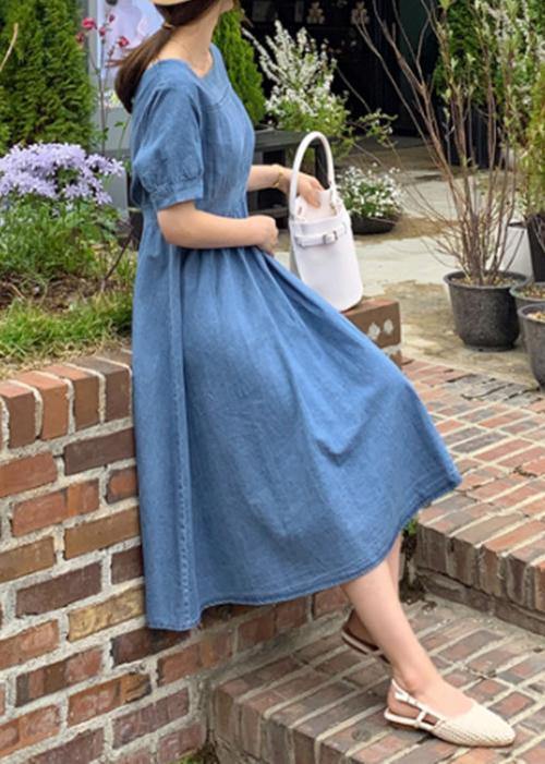 Natural v neck Cinched clothes Sewing blue Robe Dress - SooLinen