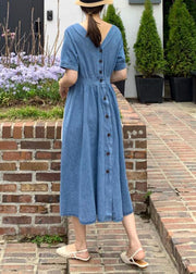 Natural v neck Cinched clothes Sewing blue Robe Dress - SooLinen