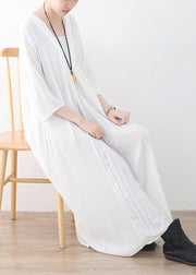 Natural Cinched chiffon Wardrobes design white v neck Traveling Dress summer - SooLinen