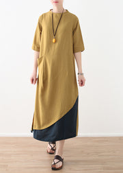 Natural yellow cotton linen quilting dresses Casual design side open daily summer Dresses