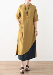 Natural yellow cotton linen quilting dresses Casual design side open daily summer Dresses