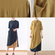 Natural yellow cotton linen quilting dresses Casual design side open daily summer Dresses