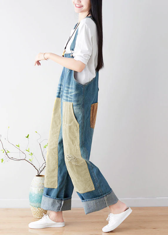 Natural Blue pockets Patchwork denim Jumpsuits Spring