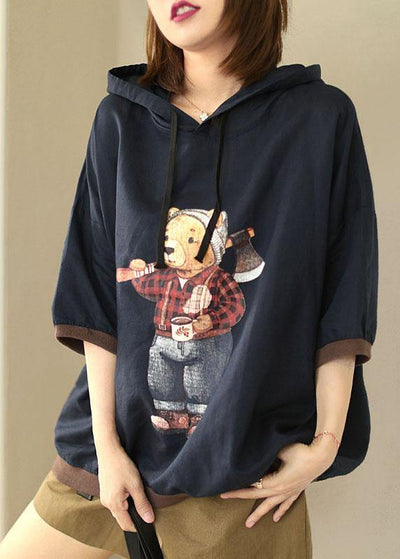 Navy Loose Hooded Print Fall Sweatshirt Street Wear - SooLinen