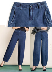 Navy Pockets Patchwork Cotton Denim Harem Pants High Waist Spring